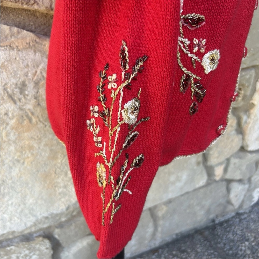 Vintage Carolina Colours Cardigan Sweater Small Red Embroidered Beaded Floral - Picture 9 of 12